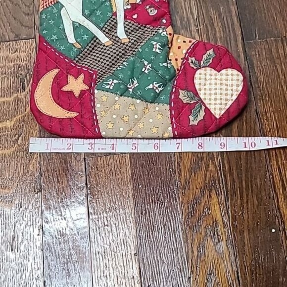 Vintage Christmas Patchwork Reindeer Snowflake Holiday Stocking Red Green - Picture 4 of 8